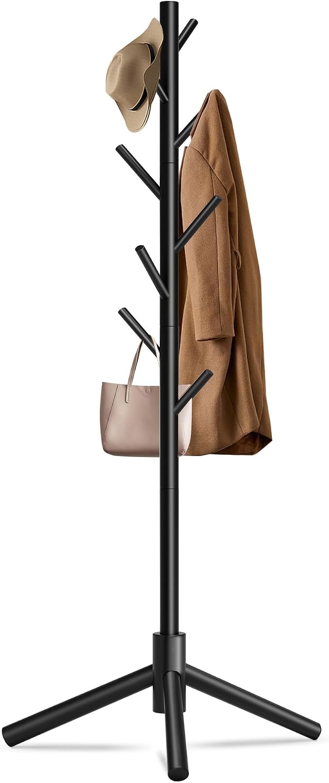 Unisakey 8-Hook Freestanding Wooden Coat Rack 3 Adjustable Heights Black | Stable Triangular Base for Safety,Durable Construction,Simple Tool-Free Assembly,Ideal for Bedroom Hallway Office Entryway