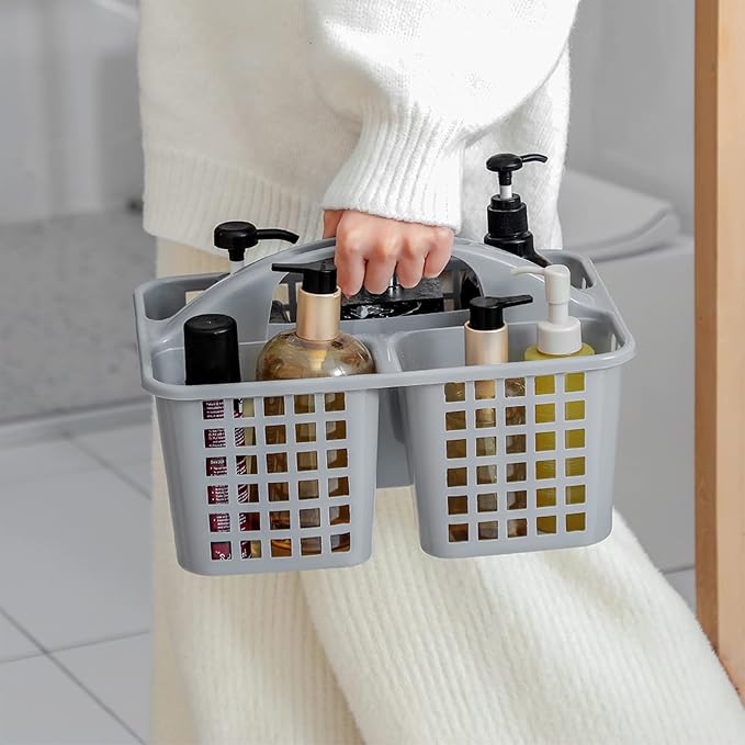 Portable Shower Caddy Basket Plastic Storage Basket with Compartments Grey | Sturdy Large Capacity Cleaning Supplies Organizer Divided Tool Bin for Bathroom Kitchen Bedroom College Dorm Essentials