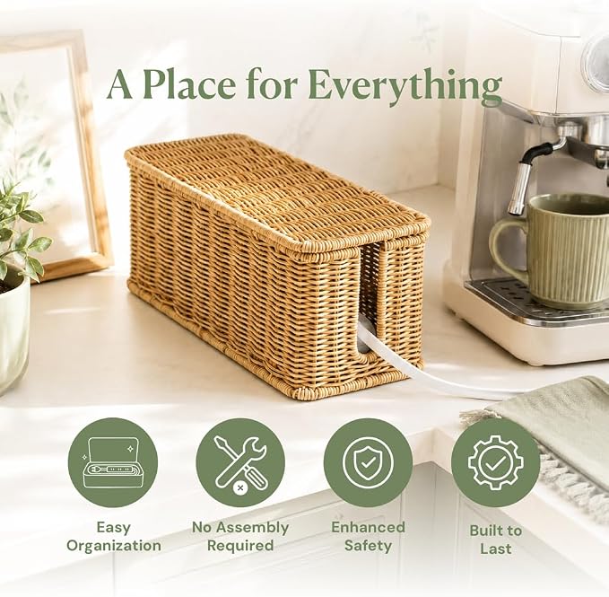 Cable Management Box, Handmade Rattan Cable Organizer with 2 Open Slots, Cord Hider for Power Strip, Router & USB Hub, Registered U.S. Design Patent (D1,112,102), 13" x 5.1" x 5.1", Natural