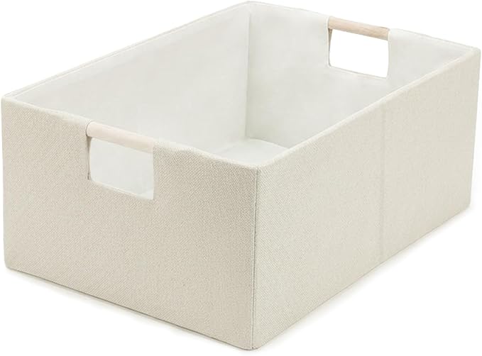 Foldable Fabric Storage Cubes, Cloth Storage Baskets with Wooden Handles, Shelf Closet Organizer Bins, Rectangular Linen Storage Boxes for Decor, 16.5 x 12.2 x 6.7 Inches