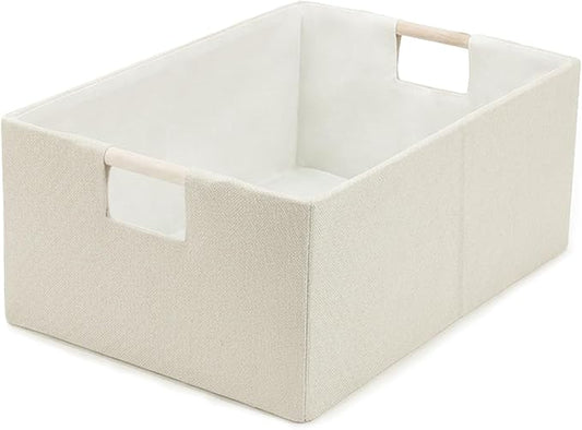 Foldable Fabric Storage Cubes, Cloth Storage Baskets with Wooden Handles, Shelf Closet Organizer Bins, Rectangular Linen Storage Boxes for Decor, 16.5 x 12.2 x 6.7 Inches