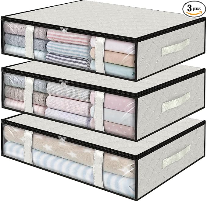 StorageRight Under Bed Storage Bags, 3 Pack, 40L, White | Breathable Non-Woven Fabric with a Clear Window and Zippered Top for Clothes, Comforters, Blankets and Seasonal Storage