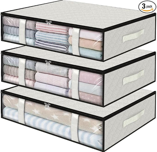 StorageRight Under Bed Storage Bags, 3 Pack, 40L, White | Breathable Non-Woven Fabric with a Clear Window and Zippered Top for Clothes, Comforters, Blankets and Seasonal Storage