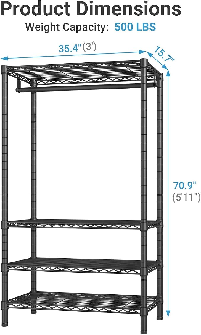 VIPEK V1 Wire Garment Rack, 4-Tier Clothes Rack, Freestanding Closet, Black | 4-Tier Storage with Hanging Rod, Freestanding Design Fits Bedroom/Closet/Laundry Rooms, 35.4 x 15.7 x 70.9 in, Max Load 500lb
