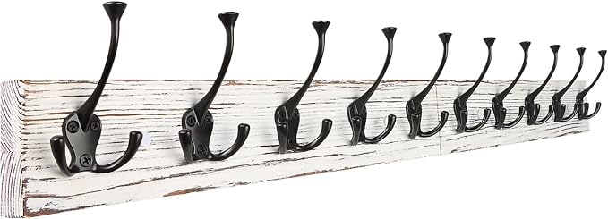 IBosins Vintage White Wall Mounted Coat Rack, 34" Long with 10 Tri-Hooks | Heavy Duty, Wooden Coat Hanger Wall Mount, Rustic Coat Hooks Rail for Entryway, Living Room, Coat, Scarf, Bag, Towel, Hat