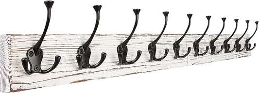 IBosins Vintage White Wall Mounted Coat Rack, 34" Long with 10 Tri-Hooks | Heavy Duty, Wooden Coat Hanger Wall Mount, Rustic Coat Hooks Rail for Entryway, Living Room, Coat, Scarf, Bag, Towel, Hat