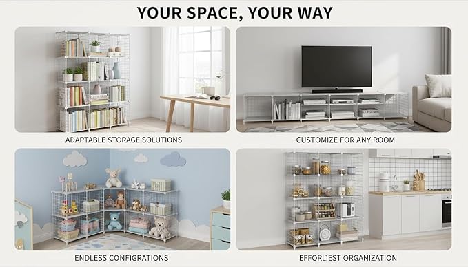 12-Cube Storage Organizer Metal Wire Shelf for Closet Office White | Sturdy 11.8" metal wire grid, modular snap-together, tool-free. Versatile for bedroom, closet, office, craft, entryway.