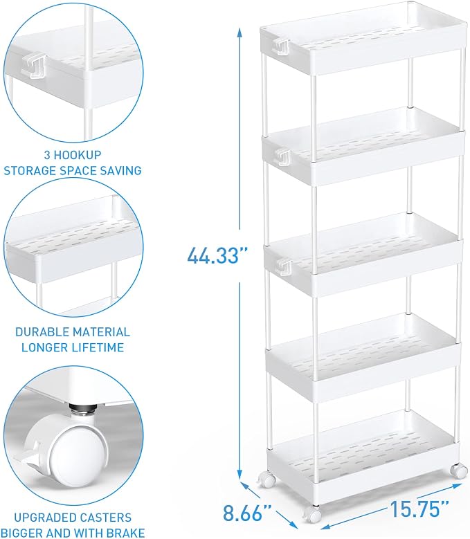 SPACEKEEPER 5 Tier Storage Rolling Cart, Bathroom Cart with Wheels, White | Mobile Storage Cart for Laundry Room Organization,Kitchen,Office,Bathroom, Utility Cart for Snack,Craft,Art,Makeup,Nail,Toys