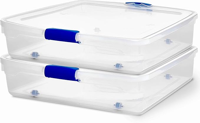 HOMZ 56 Quart Clear Plastic Underbed Storage Bins, Pack of 2 Large Organizer Containers with Secure Latching Lids, Easy Grip Handles and 4 Gliding Wheels, Stackable and Nestable