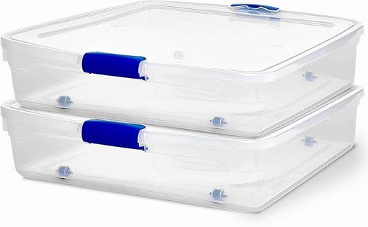 HOMZ 56 Quart Clear Plastic Underbed Storage Bins, Pack of 2 Large Organizer Containers with Secure Latching Lids, Easy Grip Handles and 4 Gliding Wheels, Stackable and Nestable