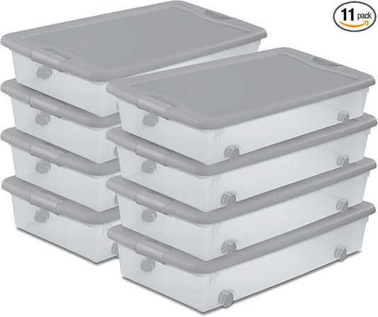 Sterilite 8-Pack Wheeled Latching Box, Under Bed Storage Containers, 56 Qt, Silver - Stackable Plastic Organizer Bins with Lids for Clothes, Shoes, Craft, and Bedroom Organization