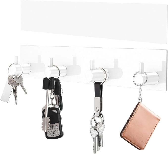 VIS'V Key Holder Wall Mount, Large Adhesive Key Hanger with 4 Hooks, White | Metal Material, No Drilling, Extra Adhesive Strip, Suitable for Entryway, Hallway, Doorway, Kitchen, Garage, Camper