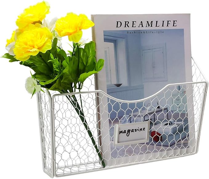 3 Pockets Hanging File Holder Wall Mount Mail Organizer Metal Chicken Wire Magazine Rack with Tag Slot, White