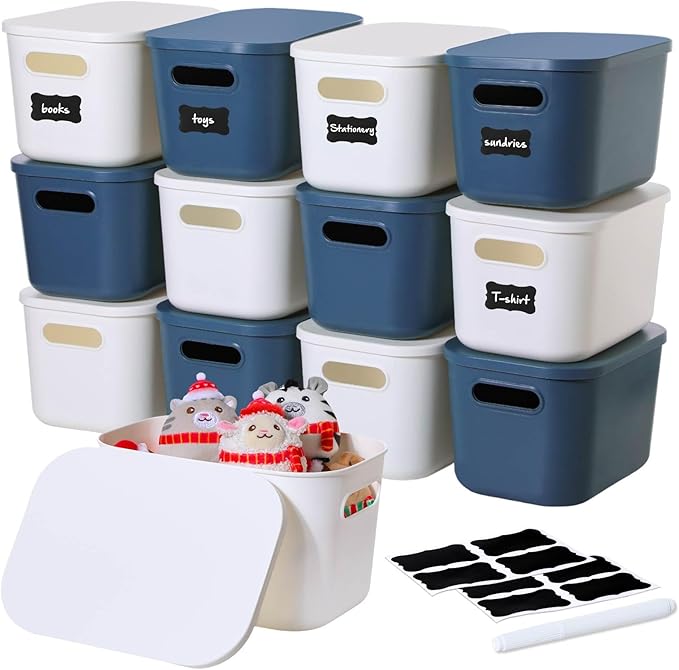 Thyle 12 Pack Blue White Plastic Storage Bins with Lids, Back to School Stackable Storage Container with Handle Label for Organizing Toy Craft for Classroom Shelf Bedroom Office 10 x 7 x 6 Inch