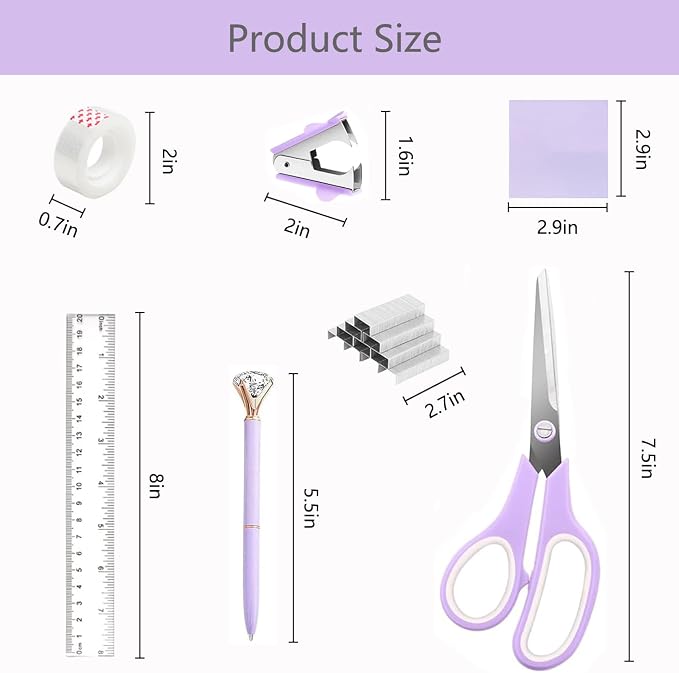 Office Supplies,School Supplies,Purple Desk Accessories,Desk Organizer,Scissors,Stapler,Tape Dispenser,Binder Clips,Staples,Staple Remover,Sticky Notes,Clear Tape,Pen,Ruler,Best Gift,11pcs