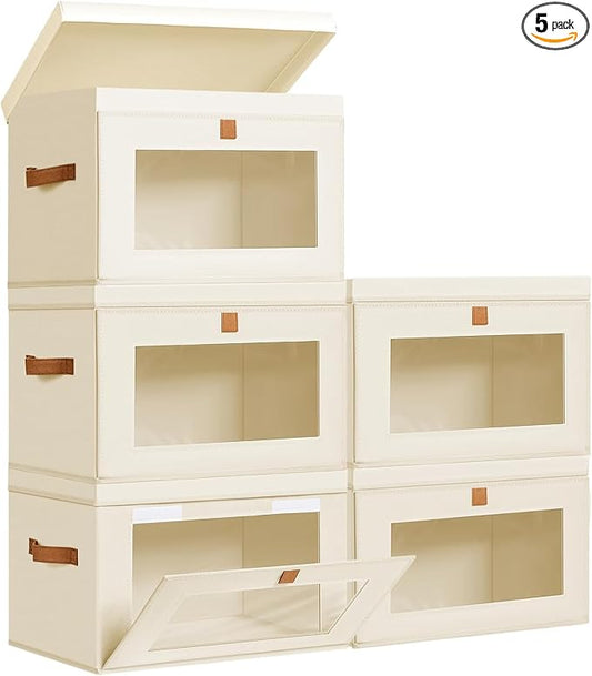 DIMJ Storage Bins with Lids - 5 Pack Large Fabric Closet Organizer with Window & Handles, Collapsible Decorative Storage Boxes for Shelves Under Bed, Books Clothes Blankets Sweaters Organization