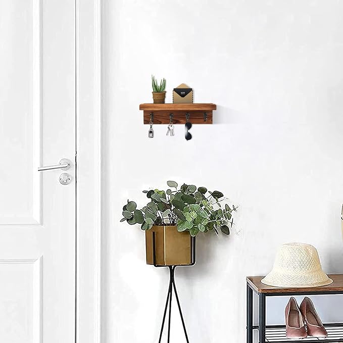 HRONRAD Rustic Key Holder for Wall, Farmhouse Wall Shelf with 4 Hooks, Wall Mounted Key Racks, Wooden Mail Organizer with Hooks for Entryway (Brown - Pine)