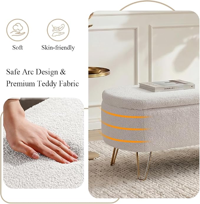 Modern Storage Ottoman Bench, Teddy Upholstered Entryway Bench with Gold Legs, Vintage End of Bed Bench with Safety Hinge, Padded Bench with Storage for Living Room, Bedroom, Entryway(Ivory)
