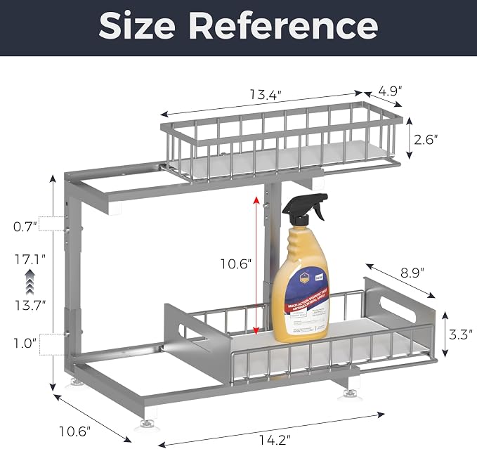 2-Pack L-Shaped Under Sink Organizer, 2-Tier Pull-out Cabinet Rack | Grey Height-Adjustable Metal Rack, Sliding Grid Drawers with Safety Stopper, Holds 100 Lbs, Ideal Kitchen Cabinet Storage