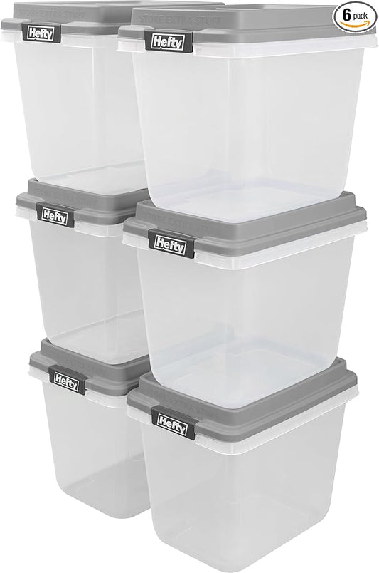 Hefty 32 Qt Hi-Rise Storage Bin with Lid, Stackable Plastic Storage Container, Organizer for Home, Garage & Closet, 6 Pack, Gray