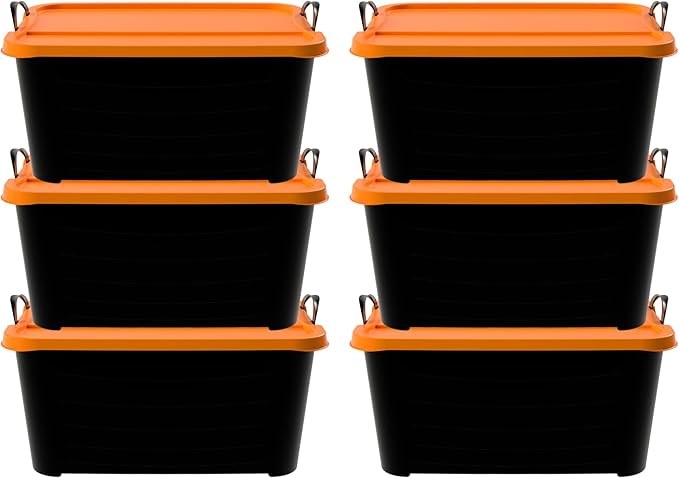 Life Story 6 Pack Heavy Duty Stackable Storage Bin, 55 Quart Home Organizer, Versatile Lightweight Locking Bins with Carrying Handles, Black/Orange