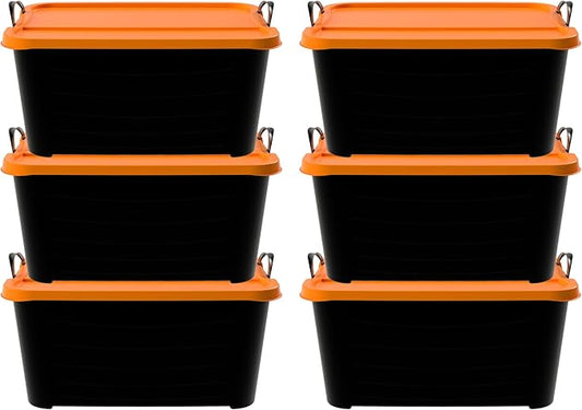Life Story 6 Pack Heavy Duty Stackable Storage Bin, 55 Quart Home Organizer, Versatile Lightweight Locking Bins with Carrying Handles, Black/Orange