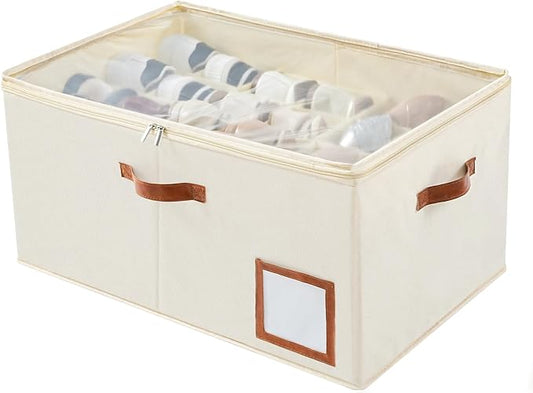 INSTY Shoe Organizer for Closet Fit 24 Pairs, Large Foldable Shoe Storage Containers Box Bin w/Adjustable Dividers and Clear Cover, Space Saving Shoe Storage Organizer Box, Beige
