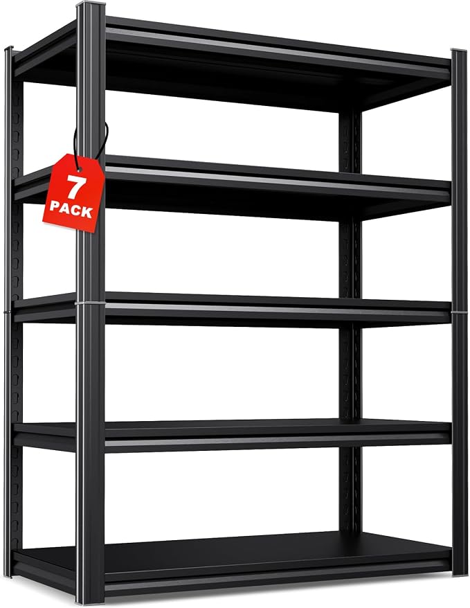 Set of 7 All Metal Garage Shelving - 2050 lbs 5 Tier Storage Shelves, Adjustable Heavy Duty Metal Shelving Unit and Storage Large Rack, Utility Steel Shelf for Warehouse Industrial Pantry, 71"x46"x20"