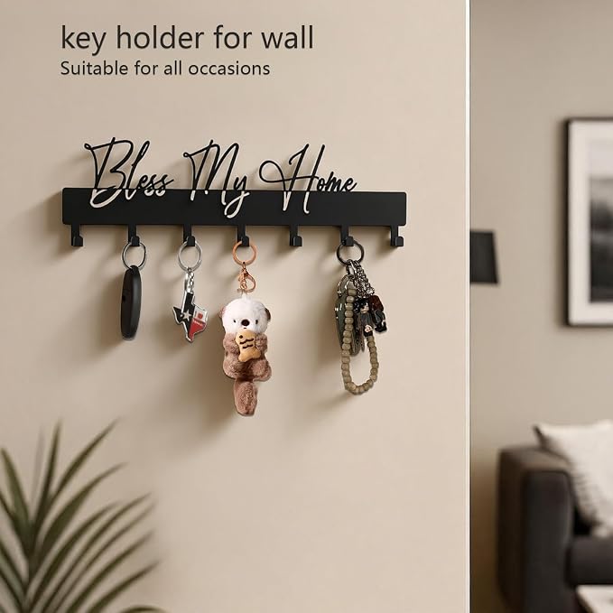 Exquisite Fashion Phrase Key Holder Wall Mount,Bless My Home Key Hooks for Wall Decoration,Black Metal Key Hanger with 7 Hooks for Entryway,Office,Living Room Decor