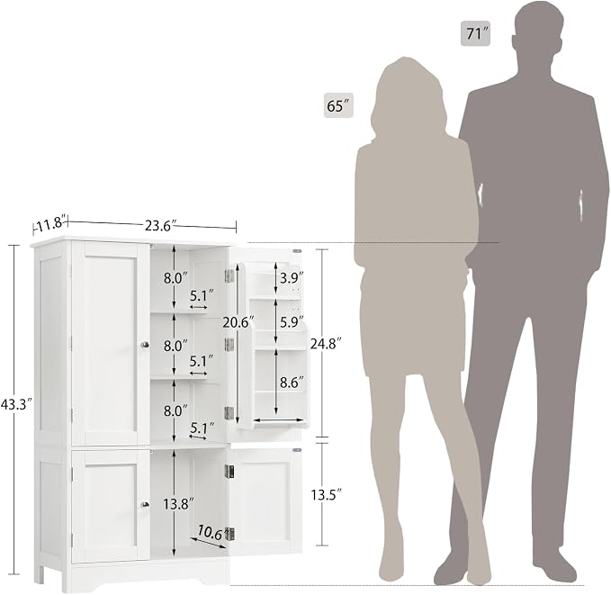 43'H Pantry Cabinet with 4 Doors, Kitchen Cabinet with 6 Door Shelves, Storage Cabinet-Kitchen Pantry for Living Room, Dining Room, Bathroom, White