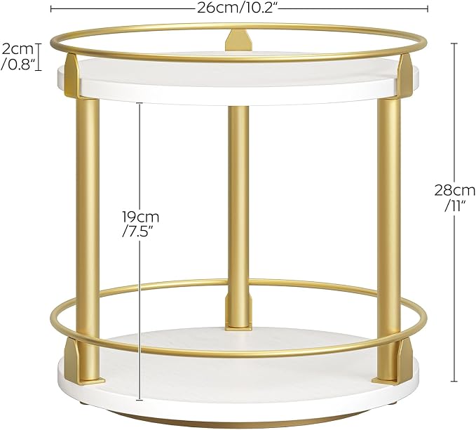 YATINEY Lazy Susan Organizer, Rotating Spice Rack, 2 Tier Spice Turntable Organizer, Industrial Turntable Spice Holder, for Kitchen Countertop and Cabinet, Compact and Versatile, White and Gold SR22DW