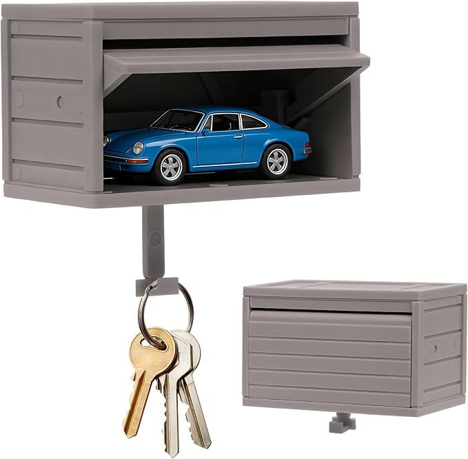 Car Garage Key Holder for Wall, Small Cars Garage Key Holders with Opening Door (Grey)