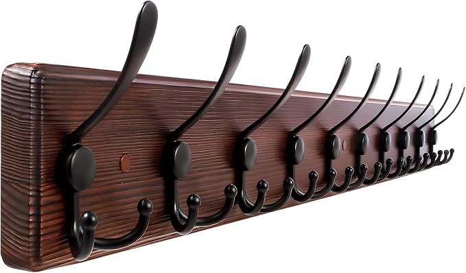 Kuhome 38.6'' Large Coat Rack Wall Mount Coat Hooks Coat Hanger with 10 Metal Black Triple- Hooks Brown Pine Real Wood Plank Hat Rack for Wall Hooks for Hanging Coat Hat Jacket