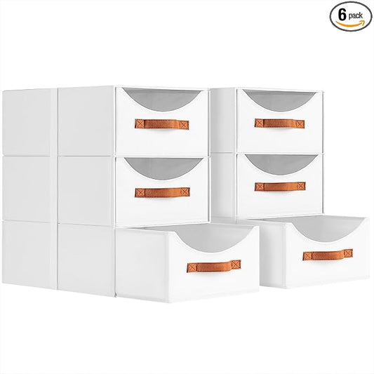 Homsorout Stackable Storage Drawers - Large Collapsible Storage Bins with Drawers, 6 Pack Closet Shelf Organizer Basket, Fabric Pull Out Organizer for Bedroom, Living Room, Dorm, White