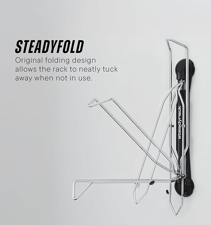 Steadyrack Fat Bike Wall Mount, Vertical Storage for 2.8 to 4.5 in Tires | Holds fat bikes and fat e-bikes without fenders. Roll-in, no lifting, folds flat, chrome-plated steel for garage use.