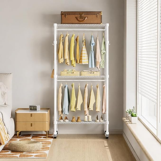 Simple Deluxe Rolling Clothes Rack, Heavy Duty Clothing Rack, 3-Shelf Portable Adjustable Wardrobe Closet with Wheels, Hanging Rods & Side Hooks, 29.5" W x 15.7" D x 75.6" H, White