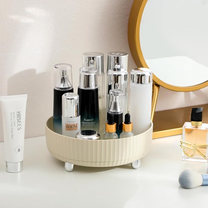 360 Rotating Makeup Perfume Organizer Skincare Tray, Small Beige | 360 Degree Spinning Lazy Susan Organizer Lotion Cosmetics Storage for Dresser, Vanity, Bathroom Countertop