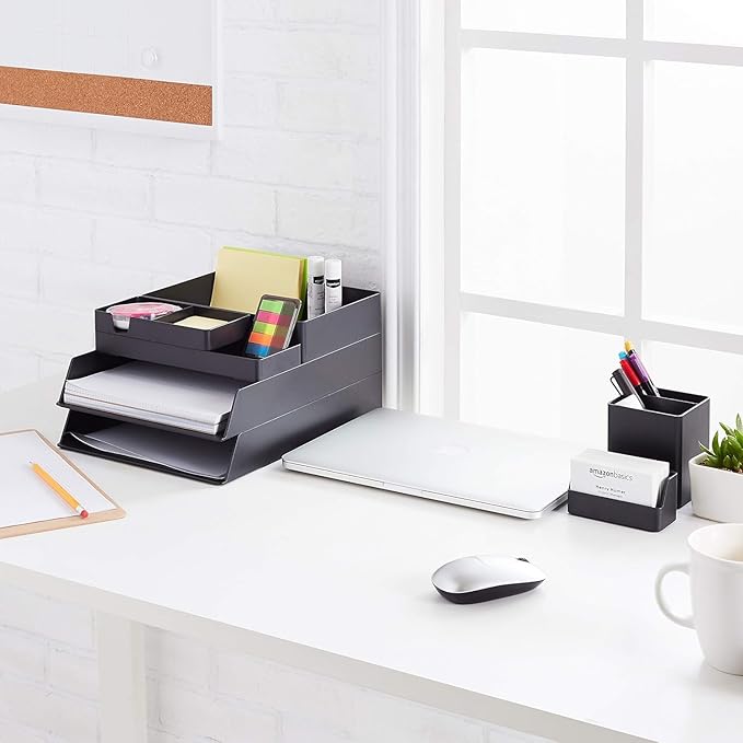 Amazon Basics Rectangular Plastic Desk Organizer Bundle, 3 Pieces with Half Accessory Tray, Small, Black