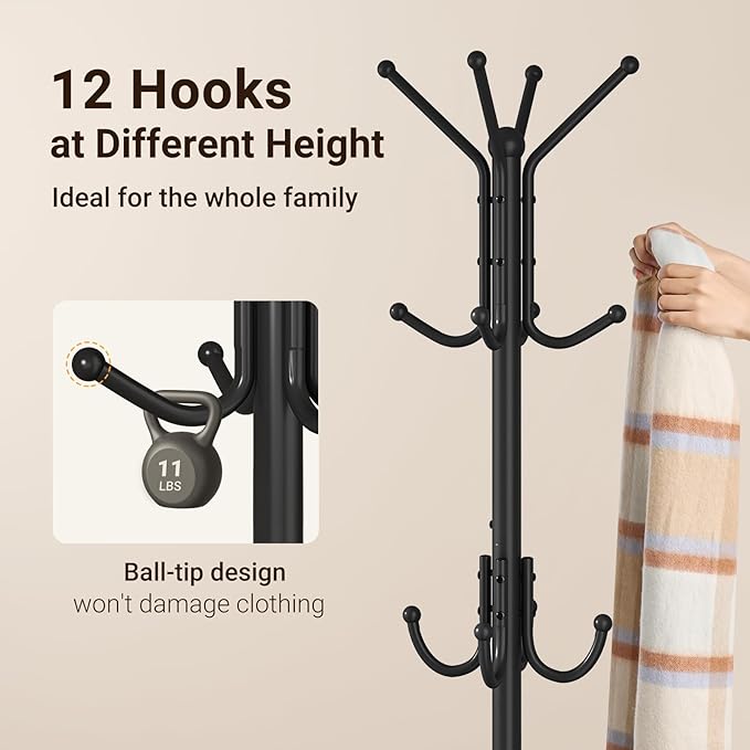 ELYKEN Coat Rack Freestanding, Metal Coat Rack with Umbrella Holder | 12 Hooks, Round Base, Heavy Duty Floor Standing Coat Tree for Entryway, Hallway, Living Room, Bedroom, Office, Black