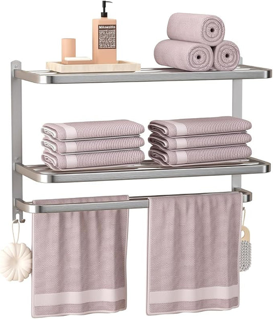 23" Towel Racks for Bathroom with Towel Bars, 3 Tier Hotel Towel Shelf Stainless Steel Wall-Mounted Holder with Towel Shelves Brushed Nickel