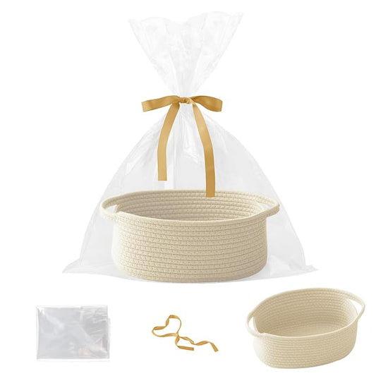 Cream Woven Rope Basket,Baby Gift Basket with Bag & Ribbon | Cotton rope with handle, 12x8x5 in, gift bag and ribbon, for baby shower, birthday, toy storage, nursery, shelf decor