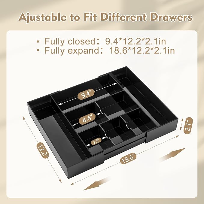 Briwooody Black Acrylic Drawer Organizer Expandable,8 Compartments,Large | 9'' up to 18'' x 12'' x 2.1'' Desk Drawer Organizer Trays Adjustable with Desk Accessories for Makeup Office Bathroom