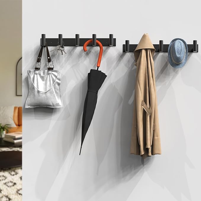 VAEHOLD Black Hat and Coat Wall Mount Rack 5 Hooks for Robes, Bags, Keys, and Towels Bathroom Towel Hanger Organizer (2 Pack)