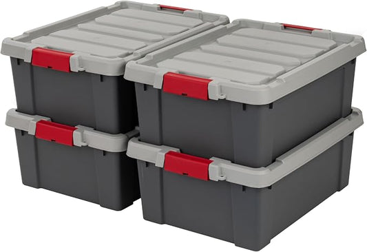 IRIS USA 4-Pack 12 Gal Heavy Duty Lockable Storage Totes with lids, Gray | Ideal for household supplies, seasonal décor and camping gear, Secure latches help keep contents protected
