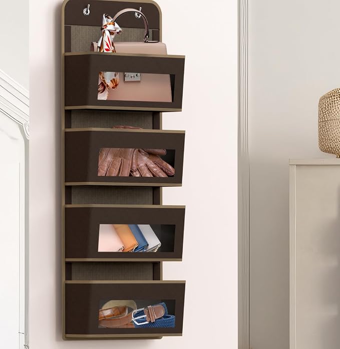 Simple Houseware 4 Clear Window Pocket Over Door Hanging Organizer, Brown | Over the Door Storage for Closet, Bedroom, Bathroom, Pantry