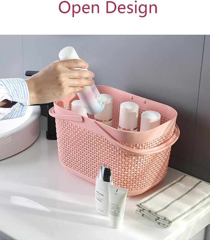 Plastic Portable Shower Caddy Basket, Storage Organizer with Handle, Pink | Bottom Drain Holes, Keep Dry, Sturdy and Durable, Easy to Carry for Bathroom, Kitchen, Dorm Room, RV, College