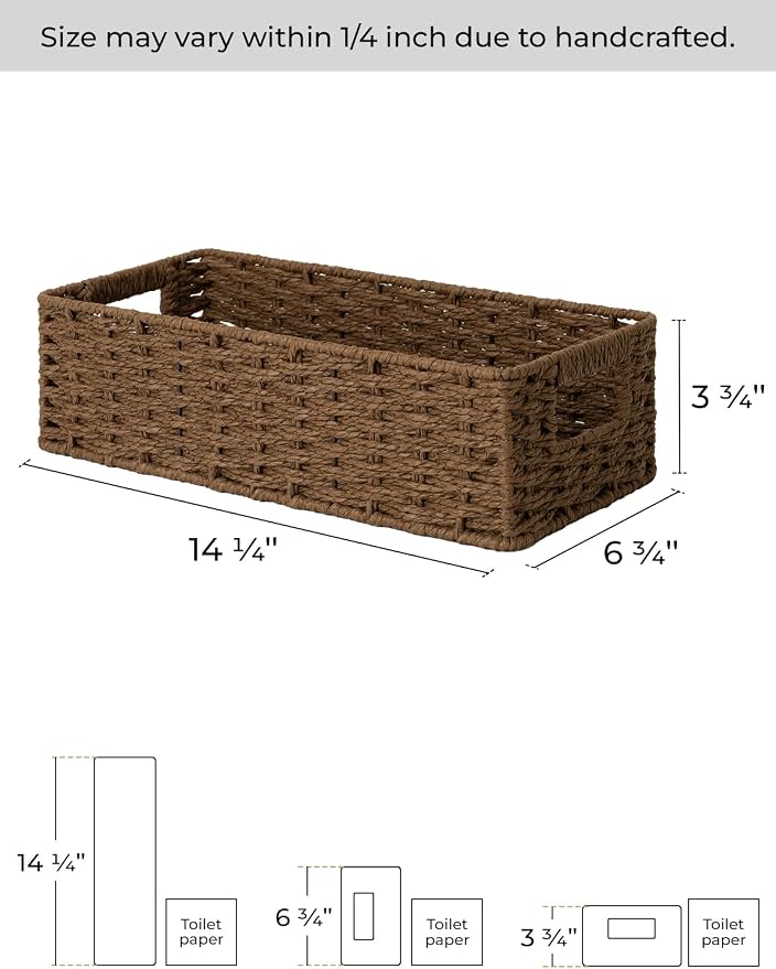 StorageWorks Toilet Tank Tray, Brown Round Paper Rope Bathroom Baskets for Organizing, Toilet Tank Basket, Toilets Organizer with Built-in Handles, 14 ¼"L x 6 ¾"W x 3 ¾"H, 1 Pack | Paper Rope Toilet Tank Tray for Tank Topper, Small Wicker Toilets Paper...