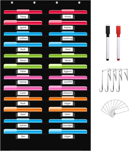 REGELETO 24 Pockets File Storage Pocket Chart with 24 Nametag Pockets, Hanging Wall File Organizer for Classroom and Office, Organize Your Assignments, Files, Scrapbooks, Paper (Black-24 pockets)