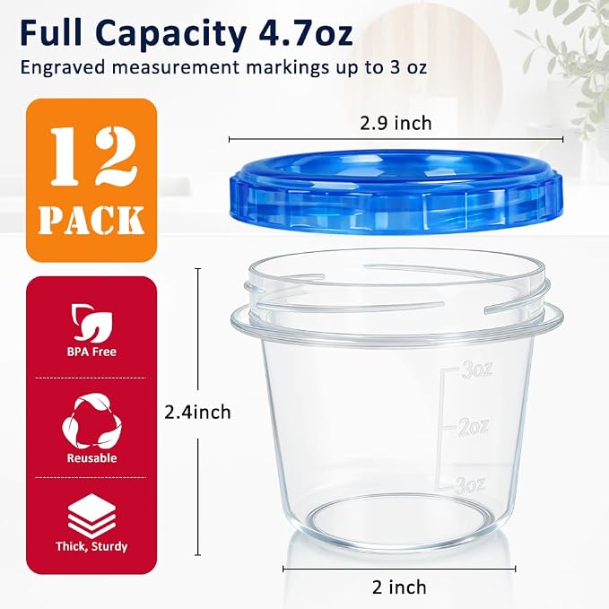 12 Pack 4oz Small Freezer Storage Containers with Twist Top Lids Airtight, Mini Reusable Plastic Food Storage Containers with Lids for Snack Condiment Salad Dressings Sauces Soup, Condiment Sauce Cups