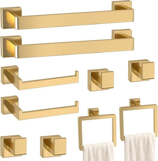10-Pieces Gold Bathroom Accessories Set, 16 Inch Towel Bar Set | Stainless Steel, Towel Ring, Toilet Paper Holder, Robe Hooks, Towel Racks for Bathroom Wall Mounted, Bathroom Hardware Set